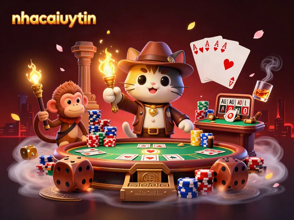 Experience thrilling gameplay at nhacaiuytin as the explorer cat uncovers a golden artifact in a vibrant casino temple.