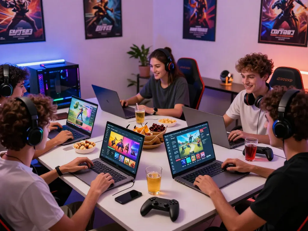 Kilat404 online gaming group enjoying multiplayer fun with snacks and colorful interface.