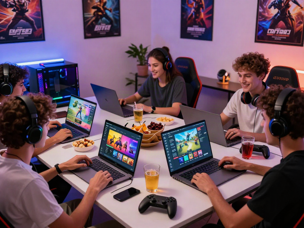 Kilat404 online gaming group enjoying multiplayer fun with snacks and colorful interface.