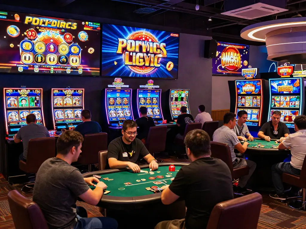 Lumbung88 gamers enjoying slots and poker in an engaging online casino atmosphere