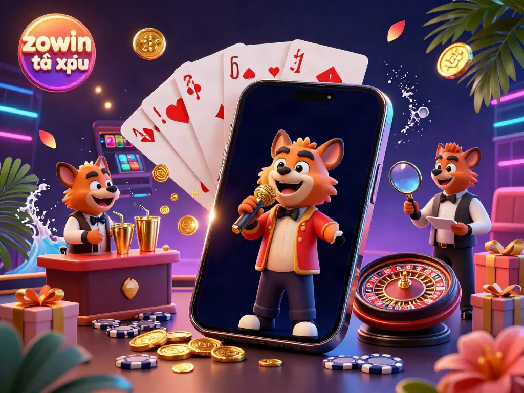 Engage in fun at the lively comedy casino with zowin tài xỉu featuring hyenas performing, gaming elements, and vibrant atmosphere.
