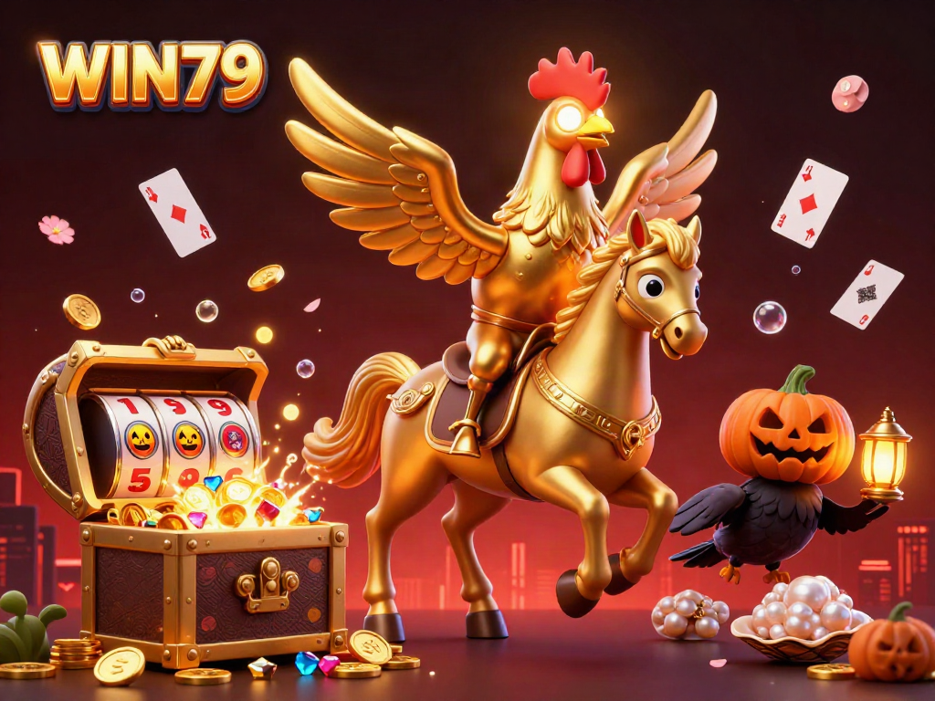 Join the excitement at WIN79 with a golden rooster and spectral horse in a vibrant casino scene.