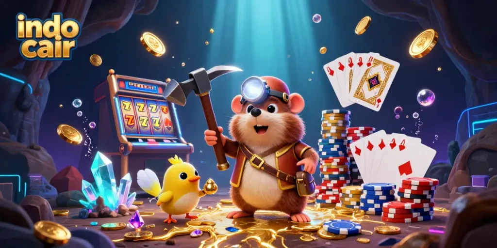 Ilustrasi 3D menarik dari karakter judi, menggunakan slot dan koin untuk menang, indo cair.