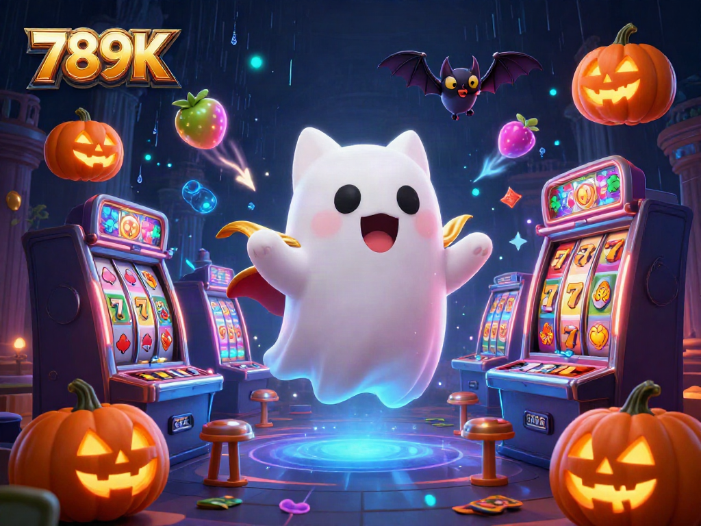 Experience the thrill of winning with 789K in this vibrant casino illustration featuring slot reels and playful characters.