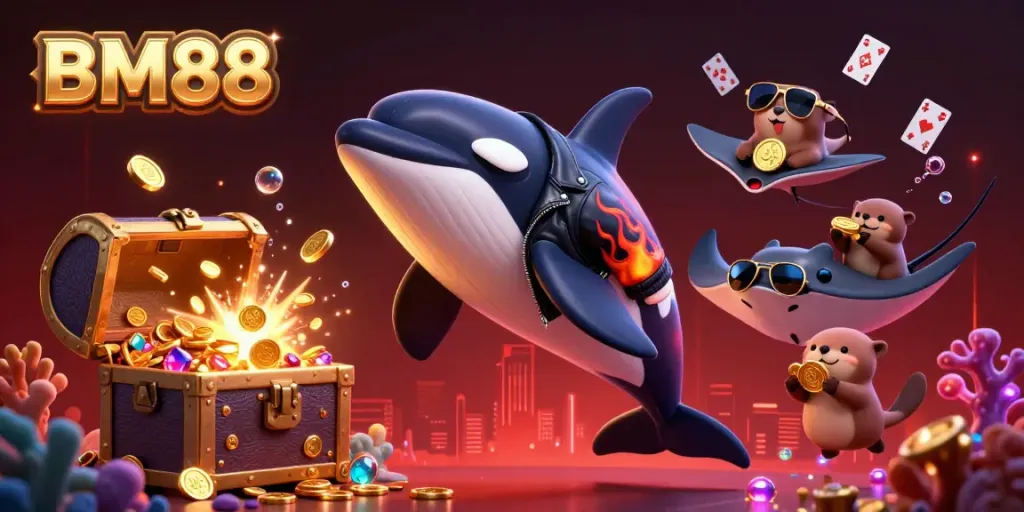 Engage with BM88 in this vibrant, dynamic underwater casino scene featuring playful characters and gold coins.