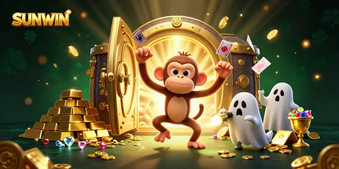 SUNWIN casino scene with a mischievous monkey juggling gold while a curious puppy hunts it down in a haunted casino.