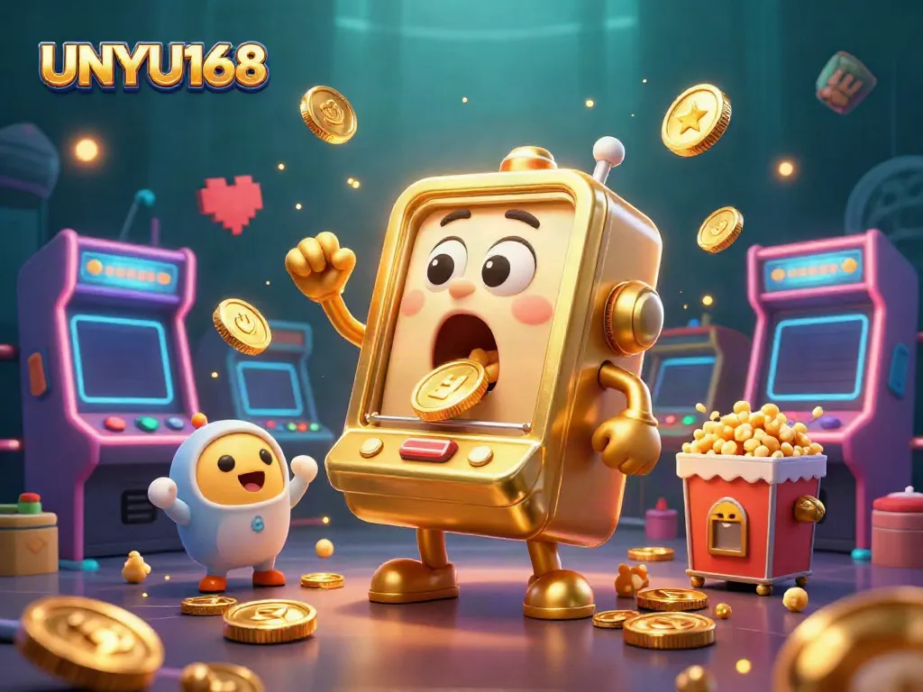 Slot mesin UNYU168 menghasilkan jackpot, dengan karakter lucu dan mesin pendukung di sekitarnya.