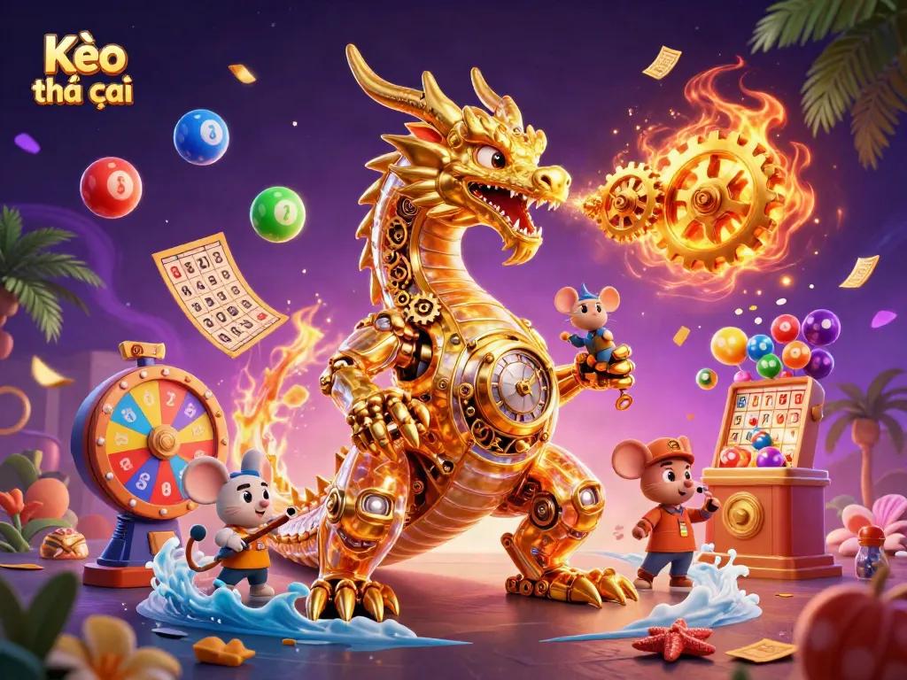 Engage with Kèo nhà cái through an energetic scene of a golden dragon and dynamic lottery game elements.