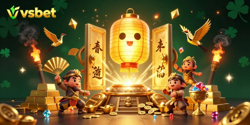 Experience the magic of vsbet with dynamic golden lantern spirits and treasures in a vibrant casino scene.
