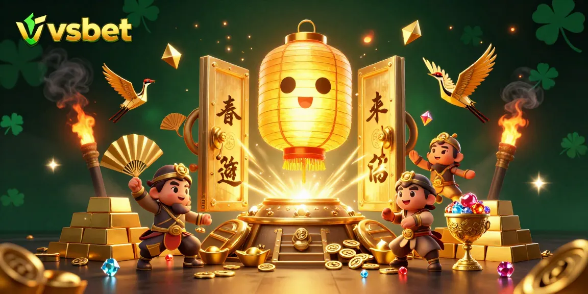 Experience the magic of vsbet with dynamic golden lantern spirits and treasures in a vibrant casino scene.