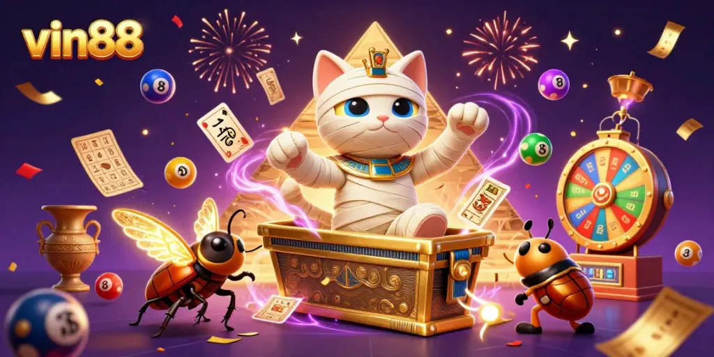 vin88 scene with a mummy cat and scarab beetle unleashing casino thrills and excitement
