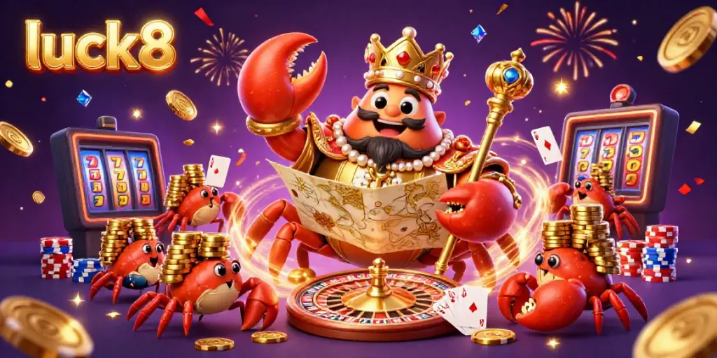Experience the thrill of luck8 with a golden crab emperor and treasure-filled scene in an online casino.