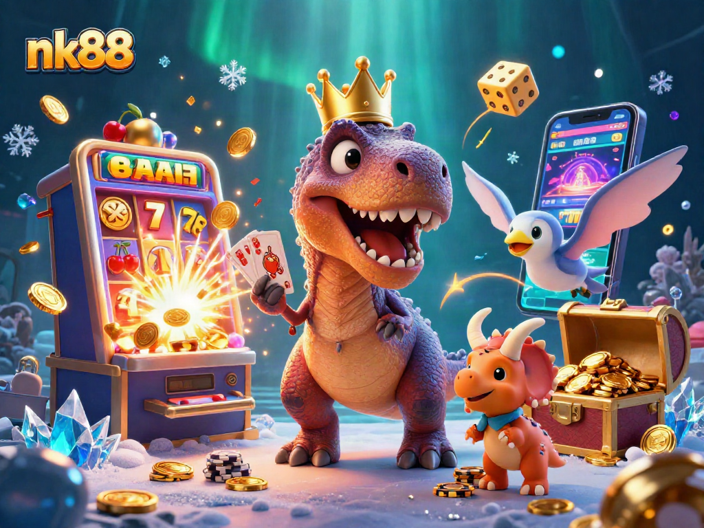 Interact with nk88's thrilling casino scene featuring cartoon dinosaurs in a vibrant environment.