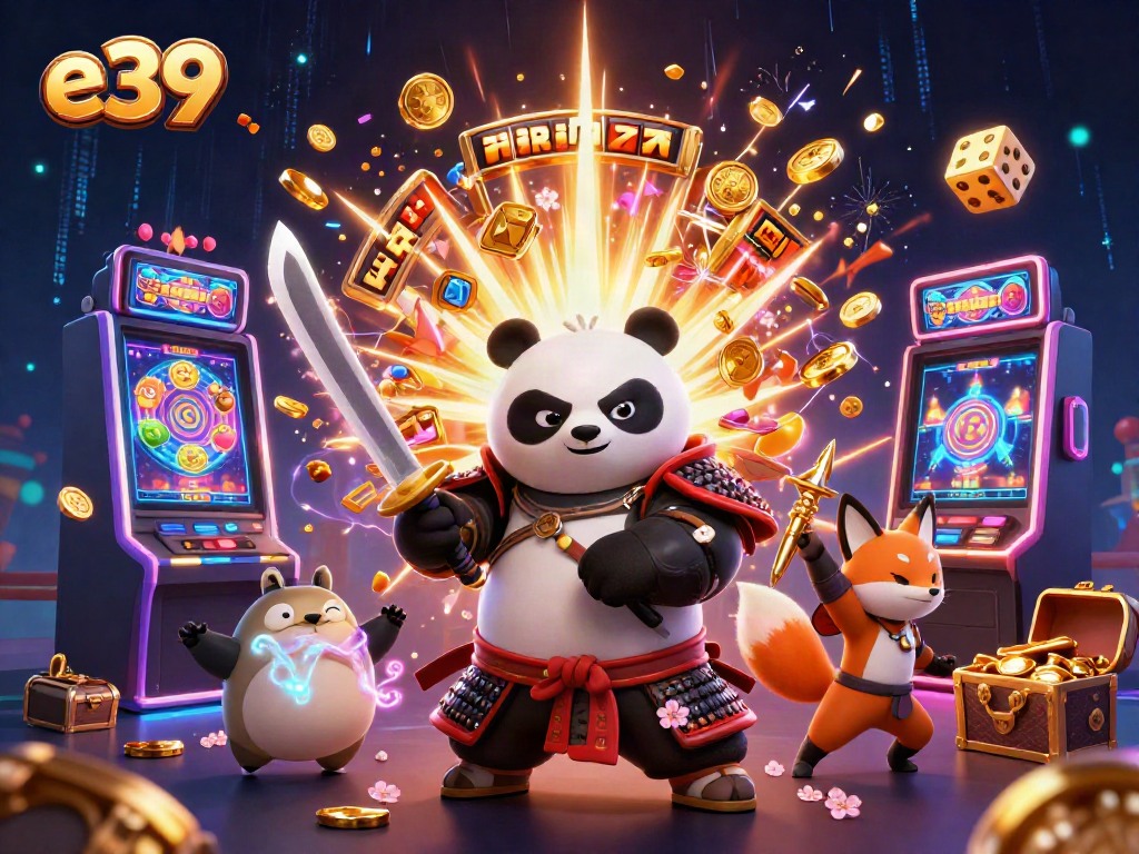Engage with e39's thrilling casino experience featuring samurai panda and ninja fox amidst jackpot glory.