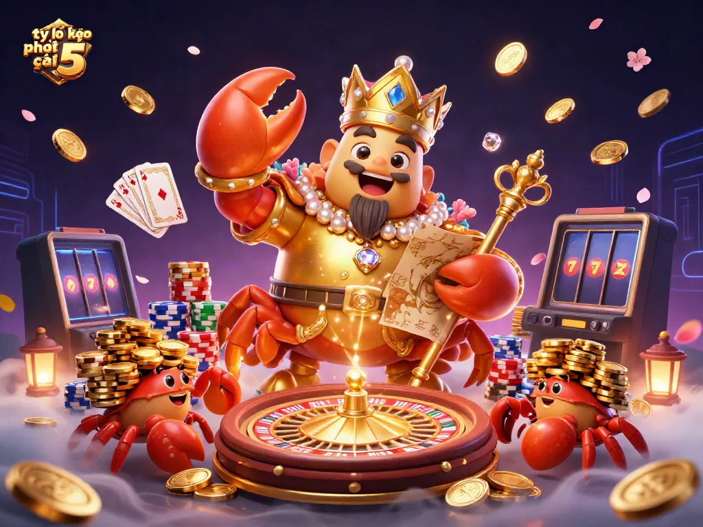 Engage with tỷ lệ kèo nhà cái 5 as a splendid golden crab emperor directs a vibrant casino scene full of action.