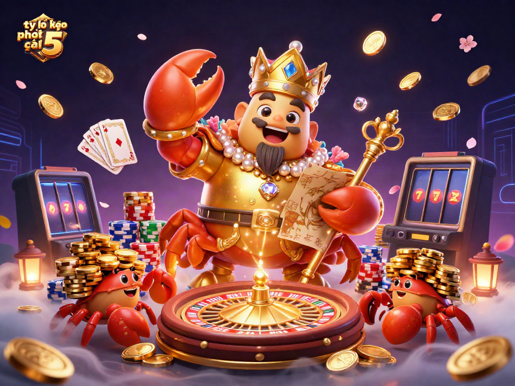 Engage with tỷ lệ kèo nhà cái 5 as a splendid golden crab emperor directs a vibrant casino scene full of action.