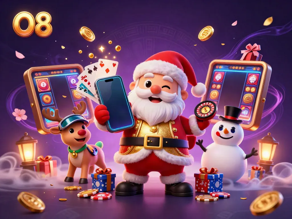 O8 promotional illustration of Santa Claus, a reindeer dealer, and a poker chip snowman celebrating jackpots in a vibrant casino scene.