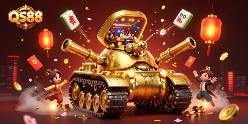 Engage in exciting gameplay at QS88's vibrant mini-casino within a golden beetle tank.