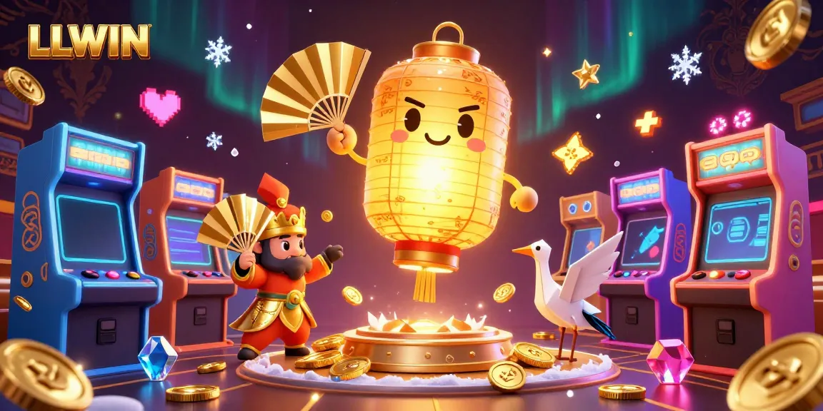 Engage with the captivating LLWIN gaming scene featuring a golden lantern spirit and arcade games.
