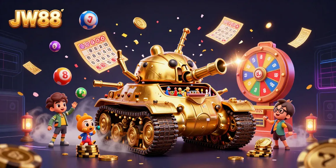 Experience the vibrant energy of JW88 with a lively 3D casino scene featuring colorful lottery balls and a playful beetle tank.