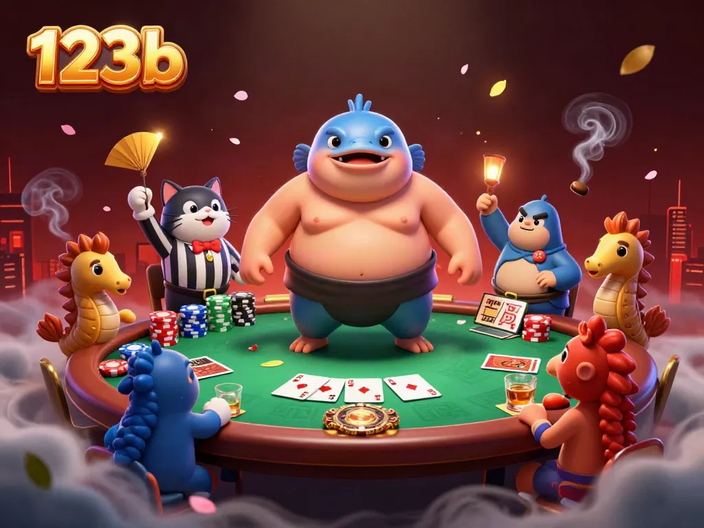 Play poker with 123b's lively fugu character and a wise catfish referee in this vibrant underwater casino scene.