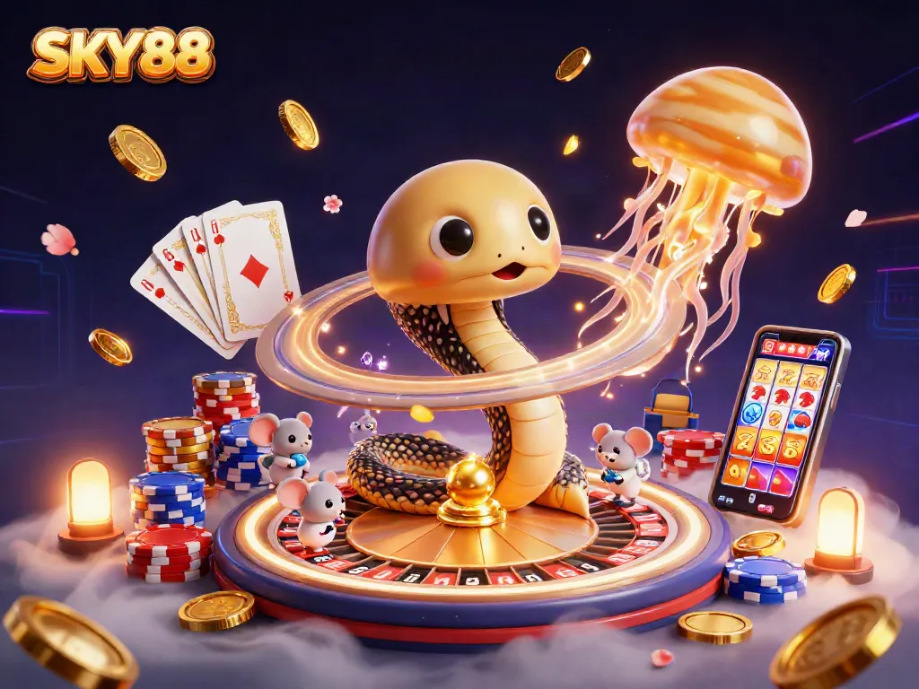 Bet on the cosmic roulette with SKY88, featuring a Saturn ring snake and astronaut mice!