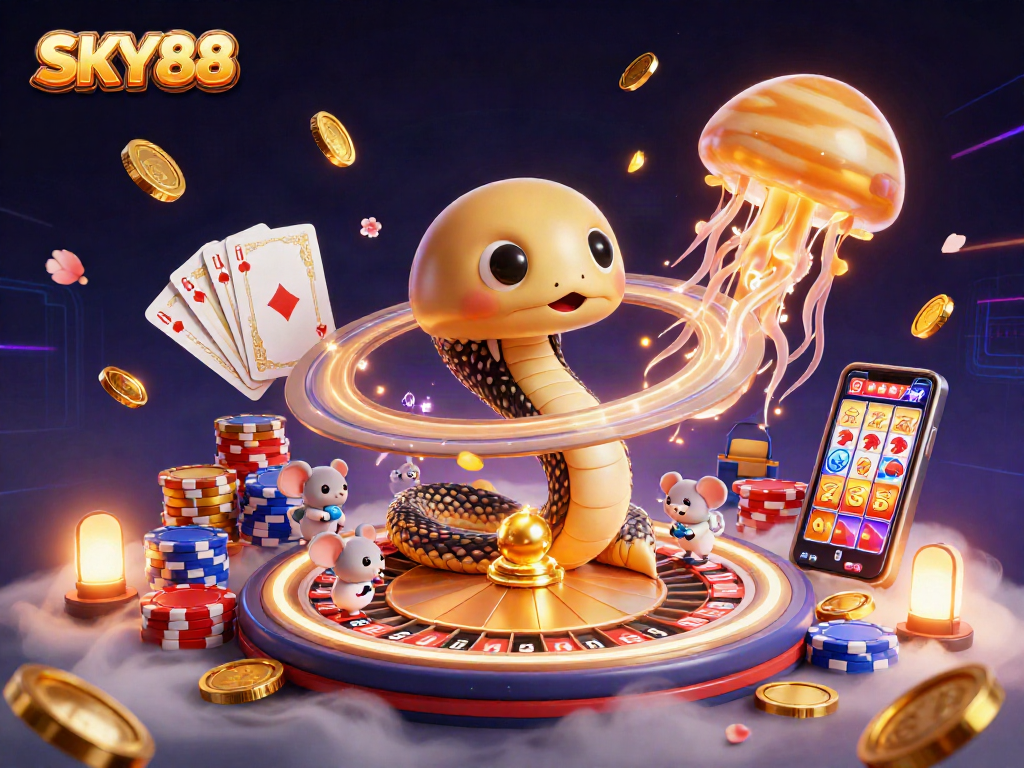 Bet on the cosmic roulette with SKY88, featuring a Saturn ring snake and astronaut mice!