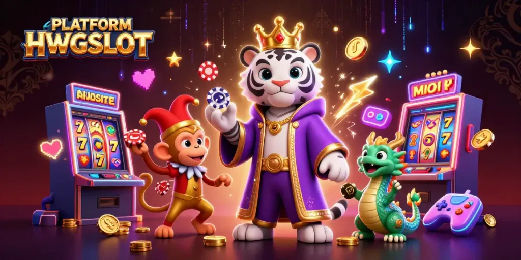 Capture the excitement at PLATFORM HWGSLOT with vibrant slot machines and playful characters in luxurious casino atmosphere.
