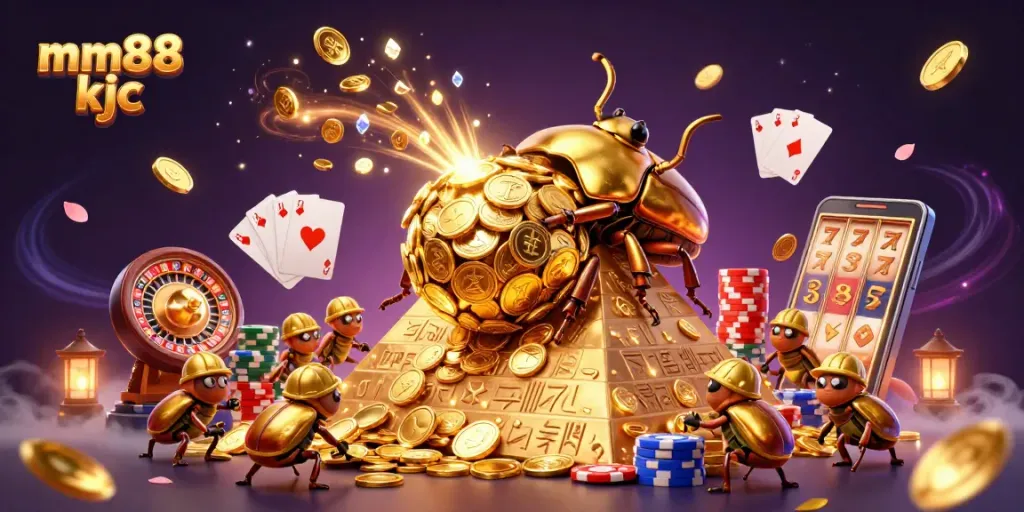Experience thrilling gameplay with mm88 kjc featuring 3D images of casino elements and golden coins.