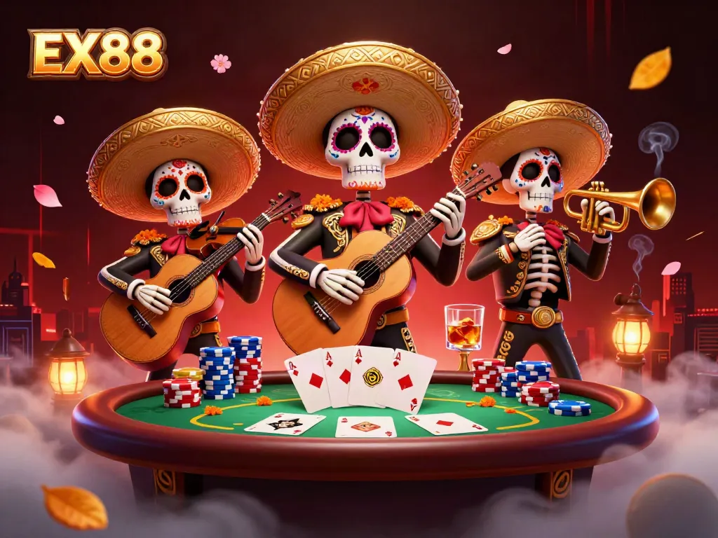 Engage in thrilling EX88 adventures with a vibrant 3D mariachi band at a poker table.
