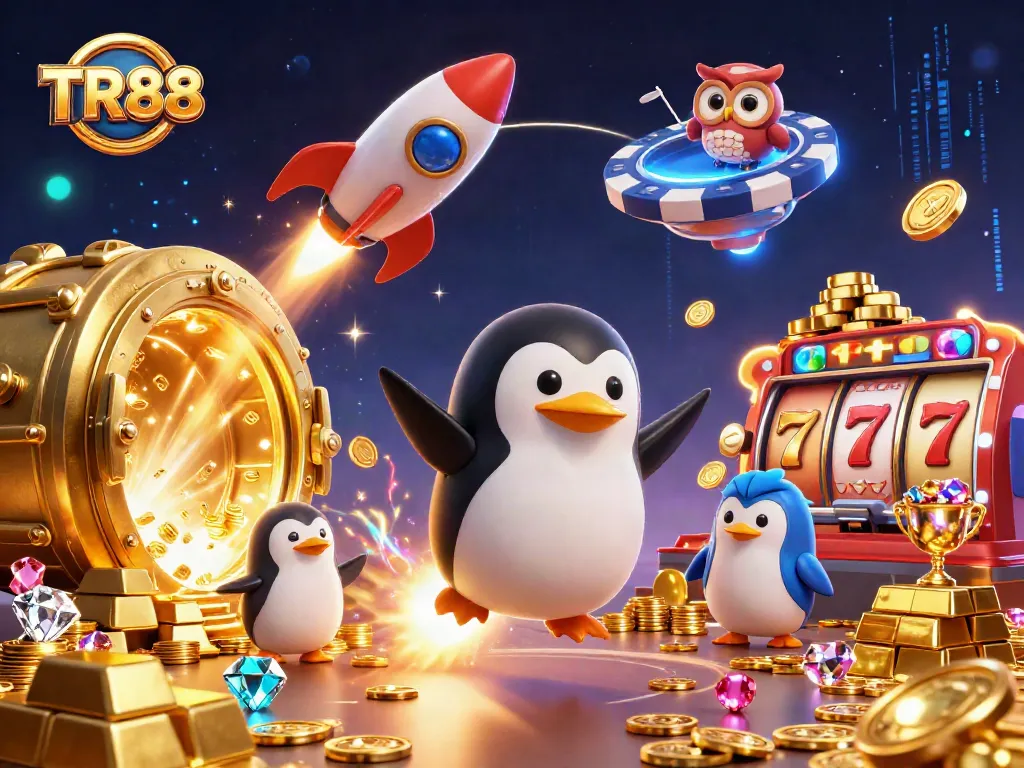 Spin the reels of TR88 with a penguin and treasures in this vibrant casino illustration.