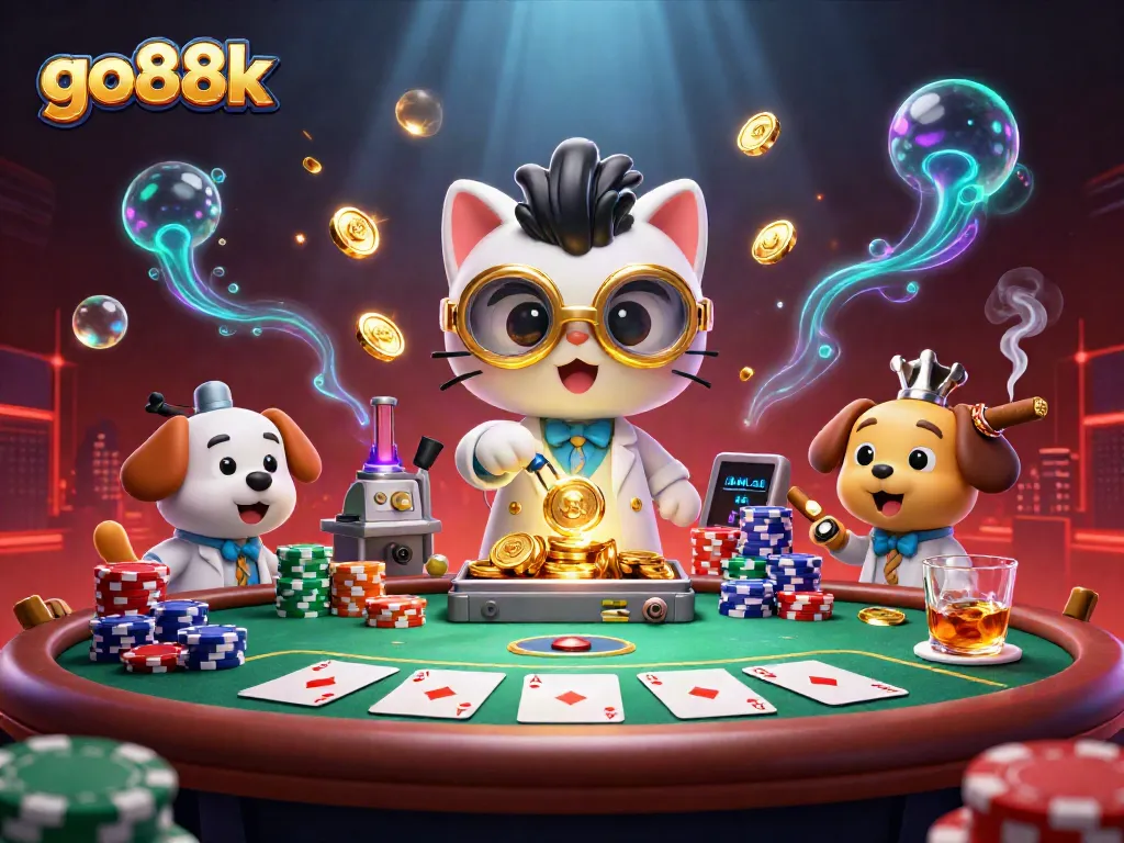 Engage with go88k as a mad scientist cat and lab dog create gambling magic with poker elements.