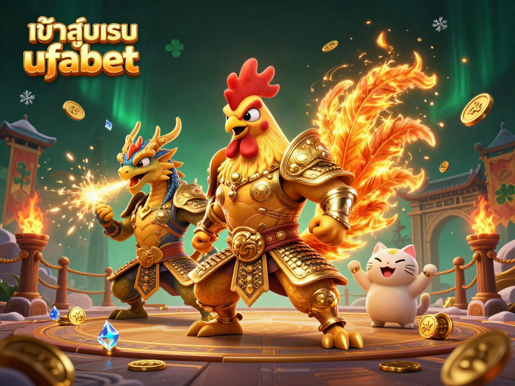 Experience seamless betting with เข้าสู่ระบบ ufabet, featuring a dynamic fighting rooster and dragon in an exciting casino arena.