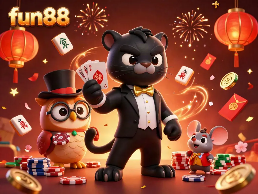 Experience the thrill of fun88 as a stylish panther deals cards surrounded by festive casino elements.