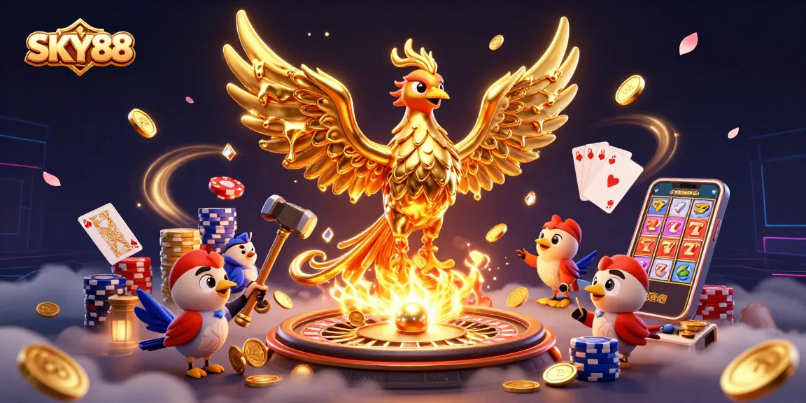 Engage with SKY88's dynamic world featuring a golden phoenix, coins, and vibrant game elements.