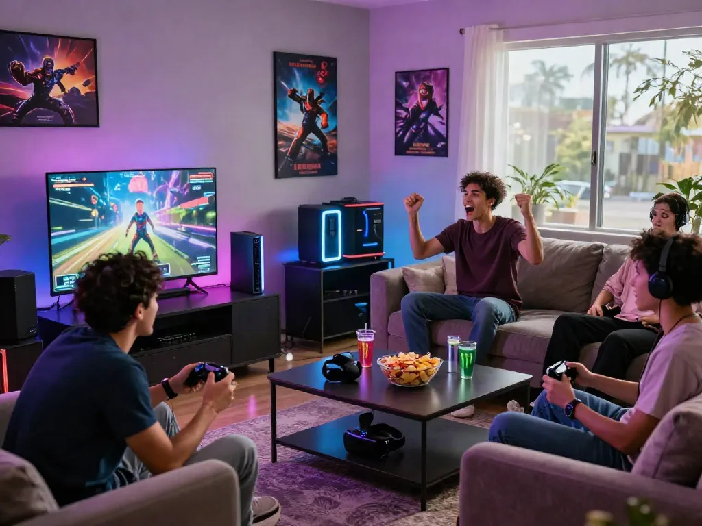Exciting gaming atmosphere with friends engaging on warung168 platform.