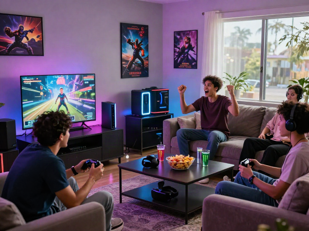 Exciting gaming atmosphere with friends engaging on warung168 platform.