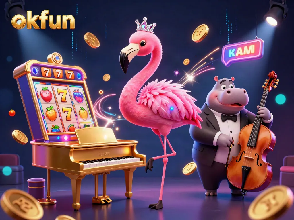 Engage in thrilling games at okfun with vibrant 3D illustration showcasing lively characters and casino elements.