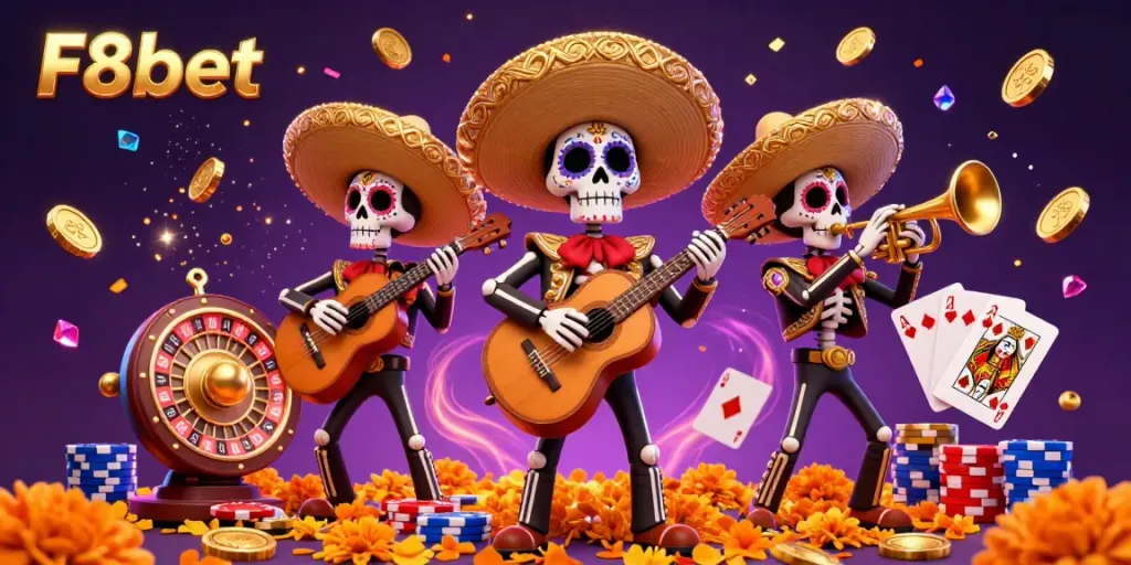 Experience vibrant gameplay with F8bet's animated mariachi band in a festive casino scene.