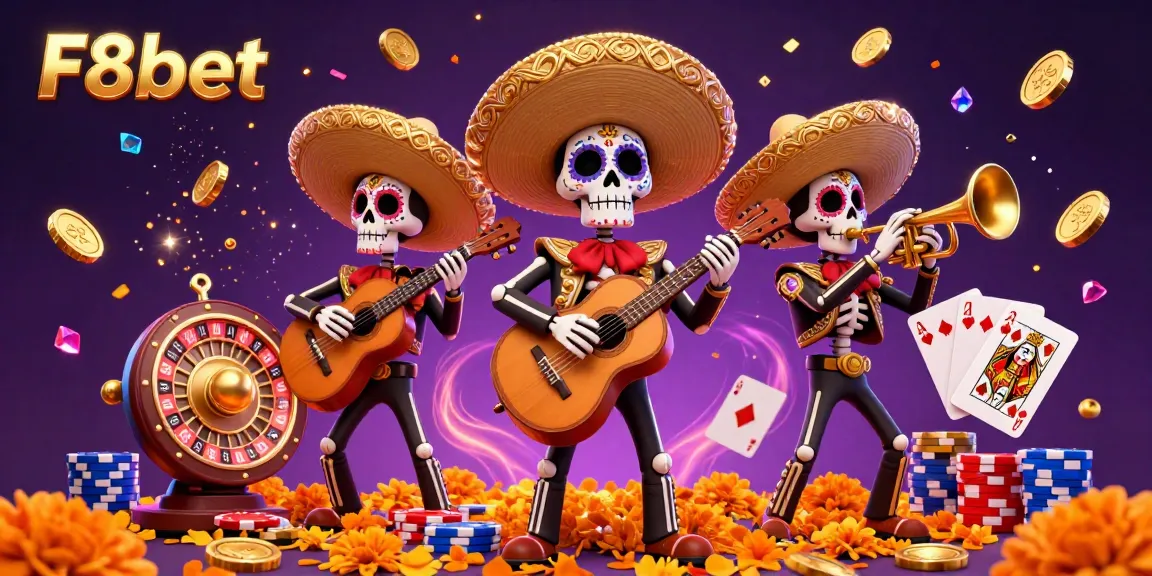 Experience vibrant gameplay with F8bet's animated mariachi band in a festive casino scene.