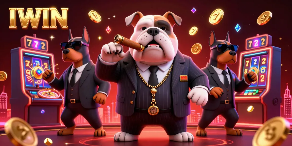 IWIN's captivating casino scene showcasing a mafia bulldog with bodyguards, slot reels, and jackpots bursting with coins.
