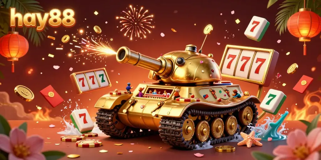 Experience the excitement of hay88 with a golden beetle tank casino shooting confetti and gold!