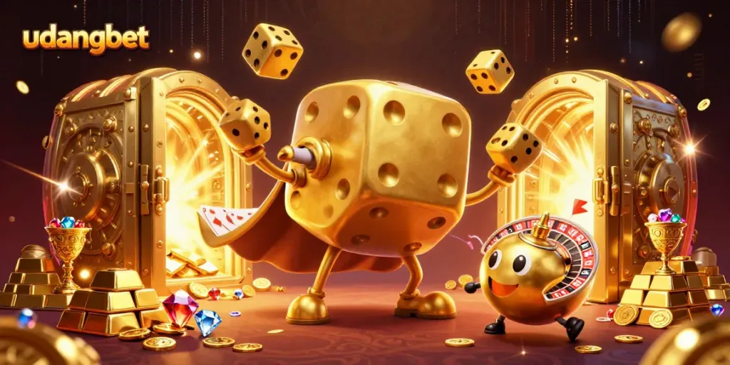 Experience the thrill of winning at udangbet with golden dice, jewels, and casino elements.