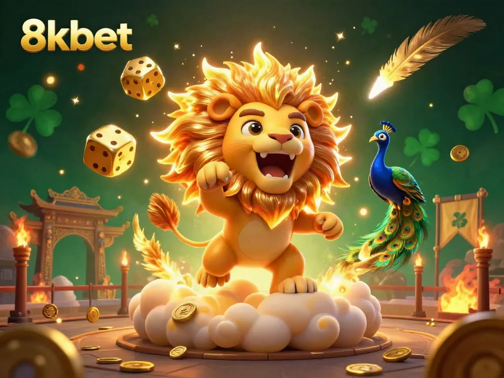 Experience thrilling gaming at 8kbet, highlighted by a sun lion and dazzling casino elements.
