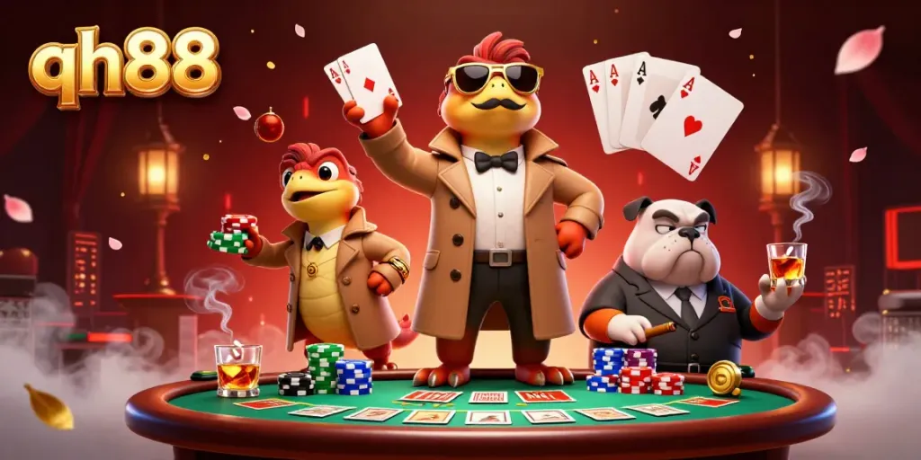 Raptors in a trench coat entering a casino, encapsulating a humorous take on qh88 gaming entertainment.