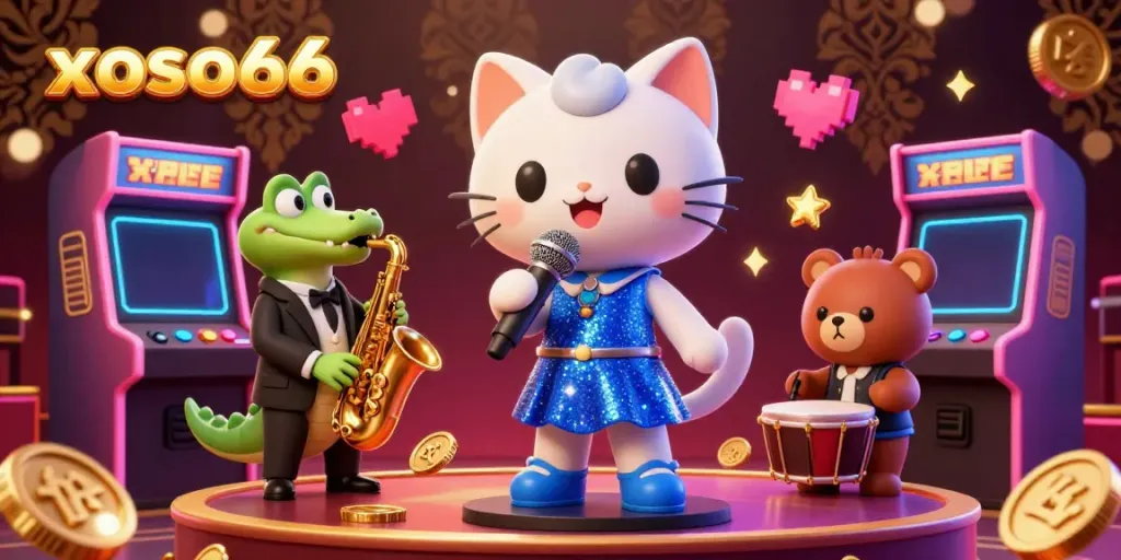 Engage with xoso66 in a vibrant casino scene featuring a jazz-singer cat, zoot-suit crocodile, and bear in action.