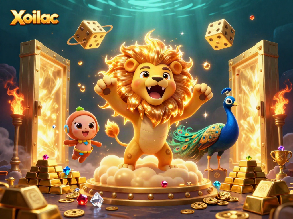 Xoilac promotes winning moments with a roaring sun lion, golden dice, and treasures in a vibrant casino scene.