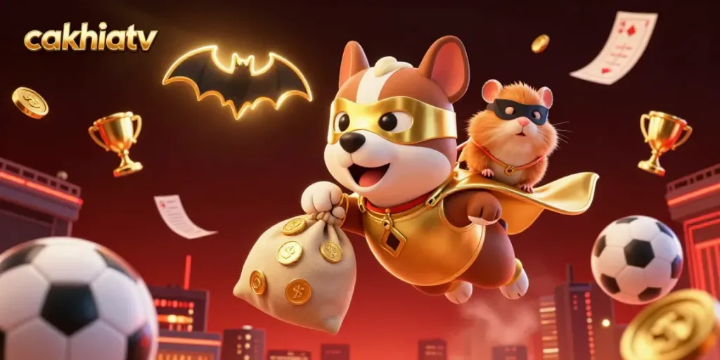 Cakhiatv features a superhero dog flying while carrying gold coins in a vibrant sports betting scene.