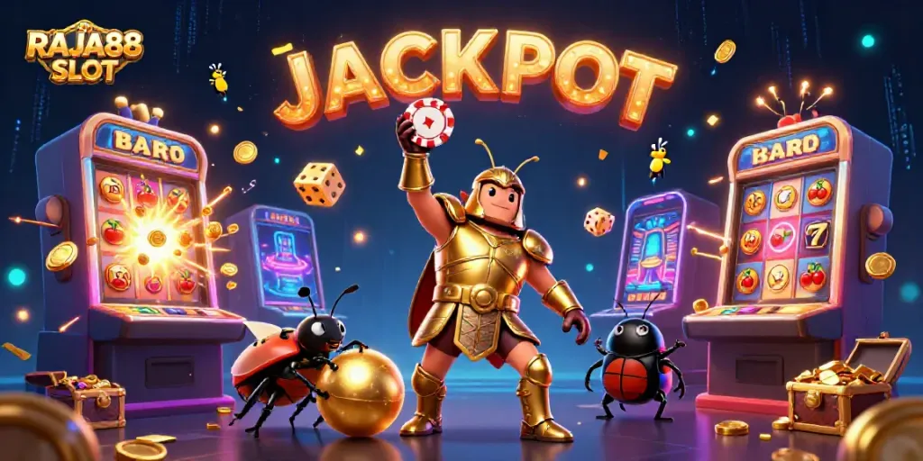 Experience the excitement of RAJA88 SLOT with a vibrant illustration of a heroic beetle and dynamic casino elements.