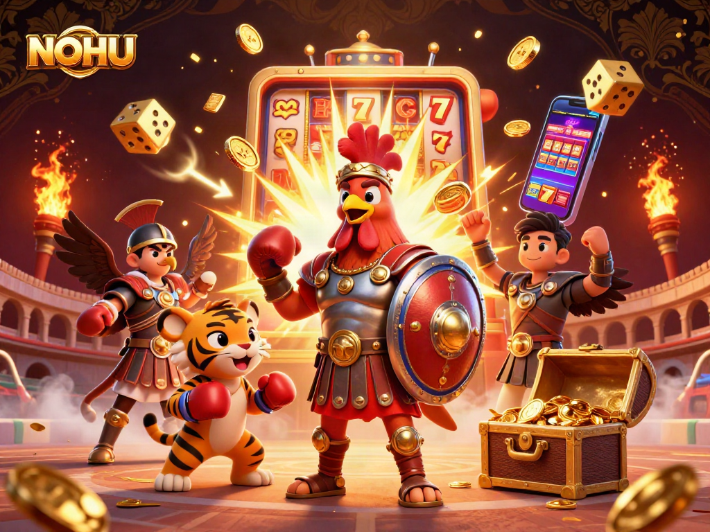 Experience NOHU's thrilling jackpot excitement with a dynamic casino scene and colorful slot elements bursting with wealth.